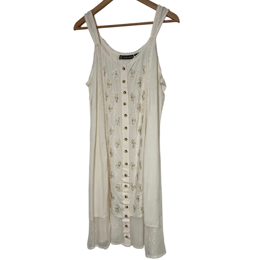 Raya Sun Cream Embroidered Button Front Dress Womens Medium Boho Cotton Blend